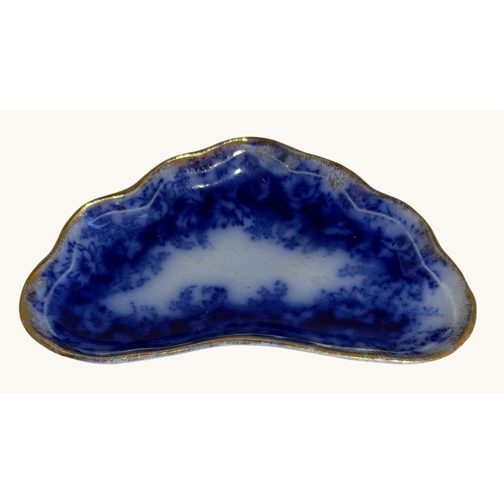 Antique Flow Blue Bone Dish W&E Corn Garland Porcelaine Royale Gold Trim 1890s - Picture 2 of 9
